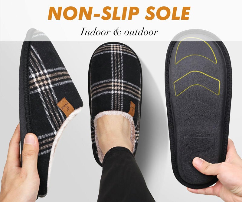 COFACE Mens Black Flano Plaid Cozy Memory Foam scuff Slippers Slip On Warm House Shoes Indoor/Outdoor With Best Arch Support Size 13 - Image 4